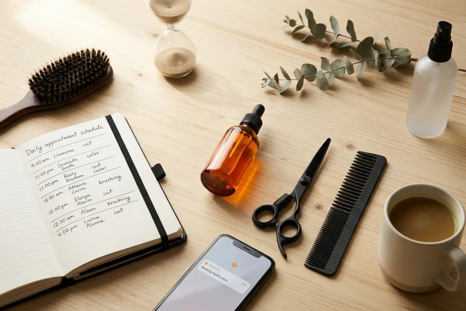 Bouteille en verre ambré de sérum capillaire premium, ciseaux professionnels japonais matte black, brosse Mason Pearson et carnet de rendez-vous manuscrit sur un établi en bois clair — la préparation d'une gérante de salon de coiffure avant l'ouverture.