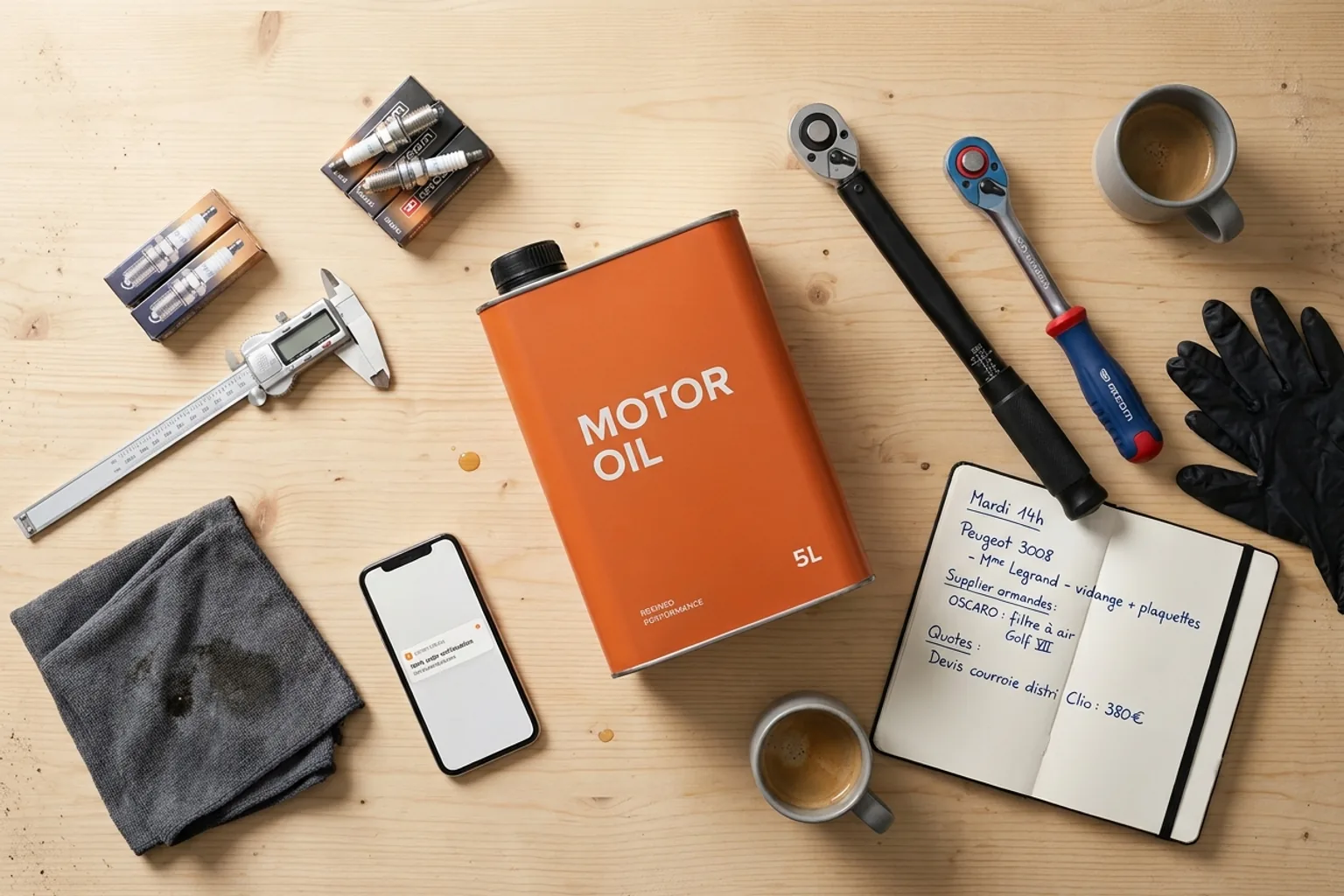 Bidon d'huile moteur orange, clé dynamométrique matte black, cliquet Facom rouge-bleu et carnet de suivi clients manuscrit sur un établi en bois clair — la mise en place d'un garagiste indépendant entre deux interventions.