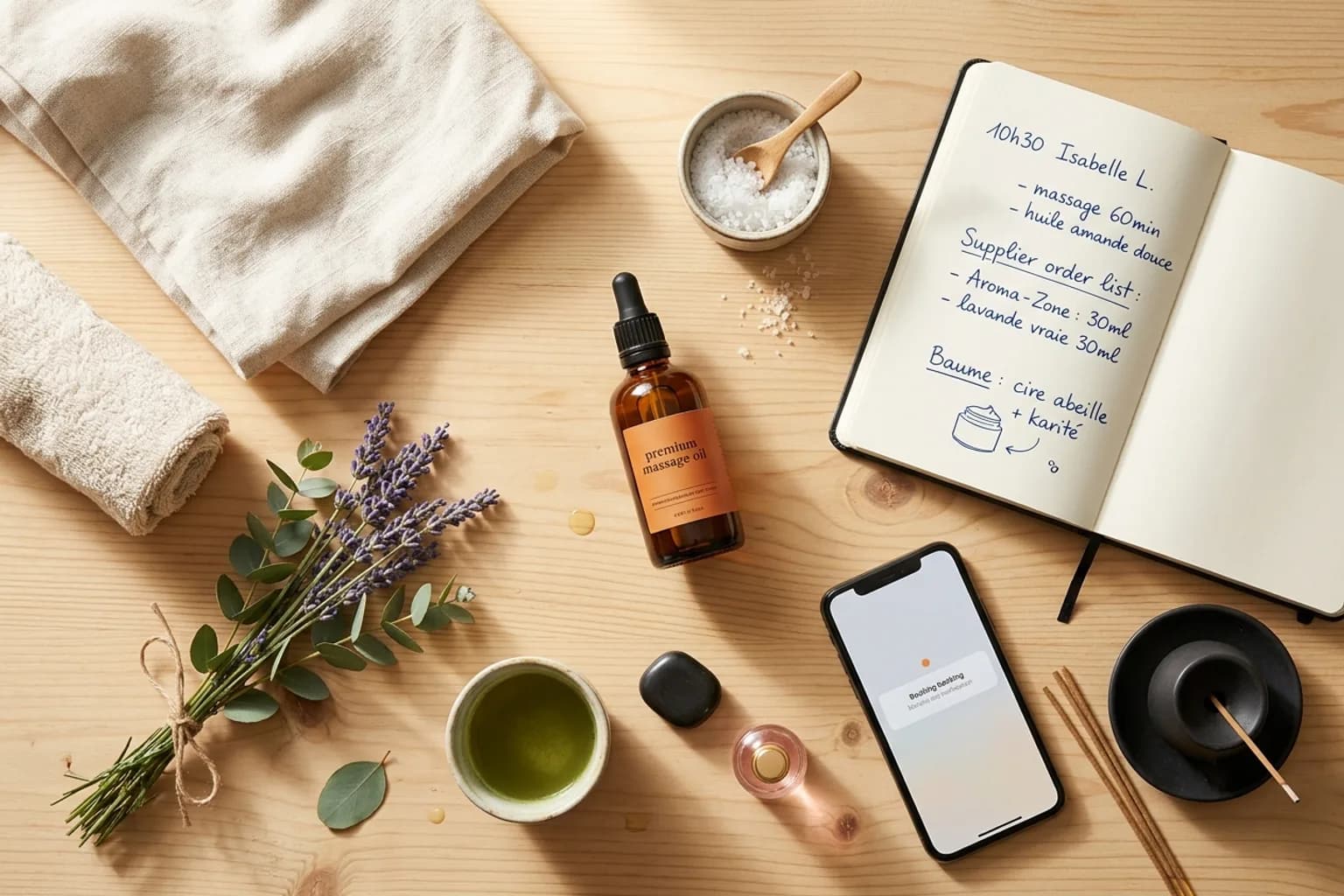 Bouteille en verre ambré d'huile de massage, serviette lin froissée, bouquet de lavande de Provence et carnet de séances manuscrit sur un établi en bois cream — la préparation d'une praticienne bien-être avant le premier client.