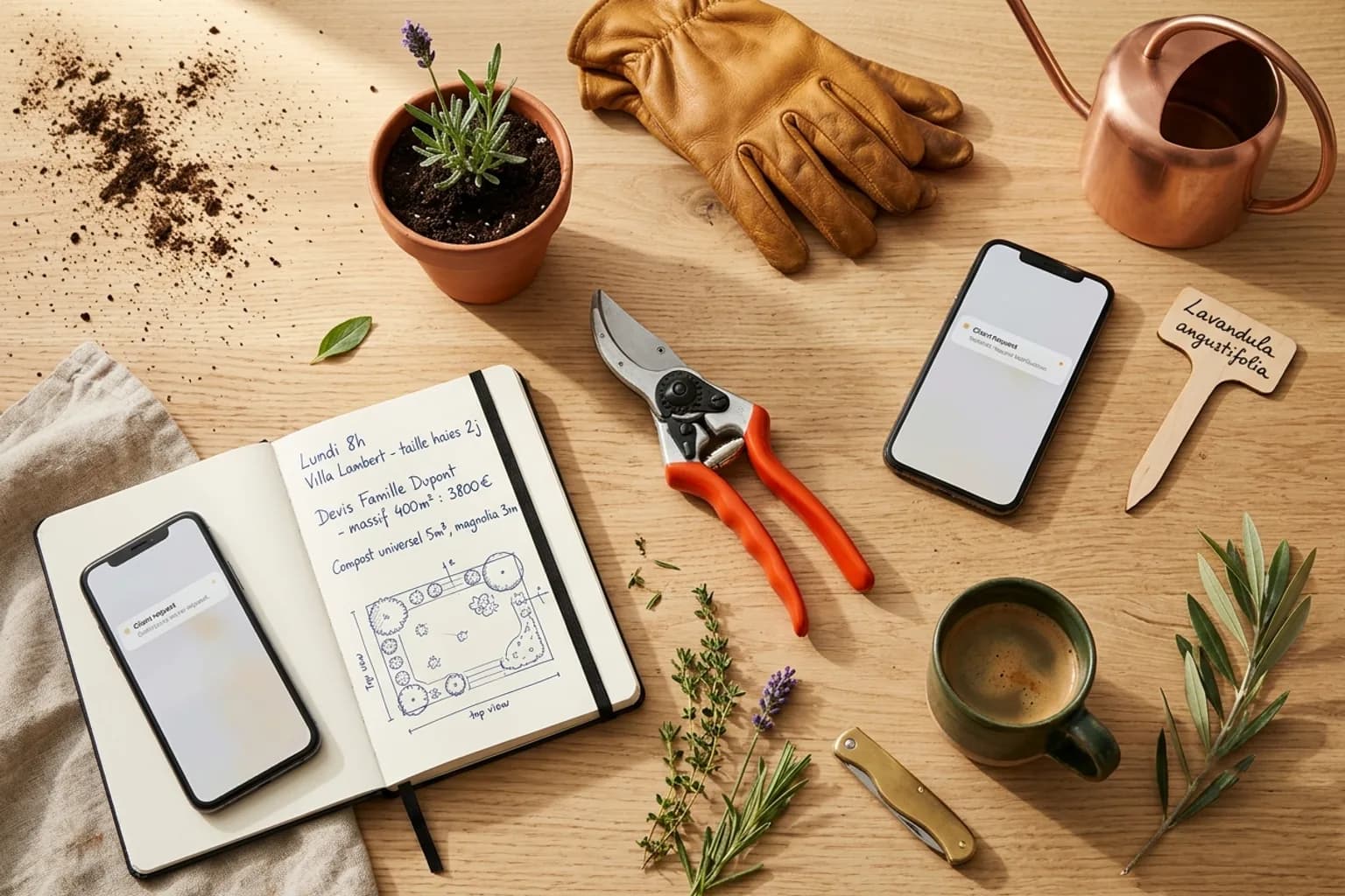 Sécateur Felco à poignées rouge-orange, pot terracotta avec bouture de lavande, gants de jardinage en cuir naturel et carnet de chantier manuscrit avec croquis de plan de jardin sur un établi en bois clair — la mise en place d'un paysagiste indépendant à l'aube.