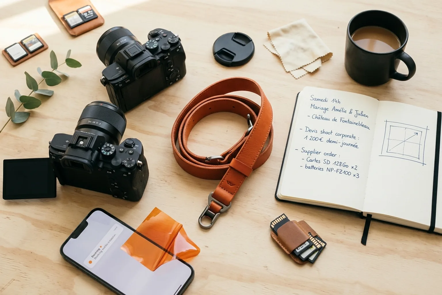 Sangle en cuir orange terracotta d'appareil photo mirrorless moderne, filtre gel orange, carnet de shoots manuscrit avec croquis de composition et brin d'eucalyptus sur un établi en bois cream — la préparation d'un photographe pro contemporain avant un mariage.